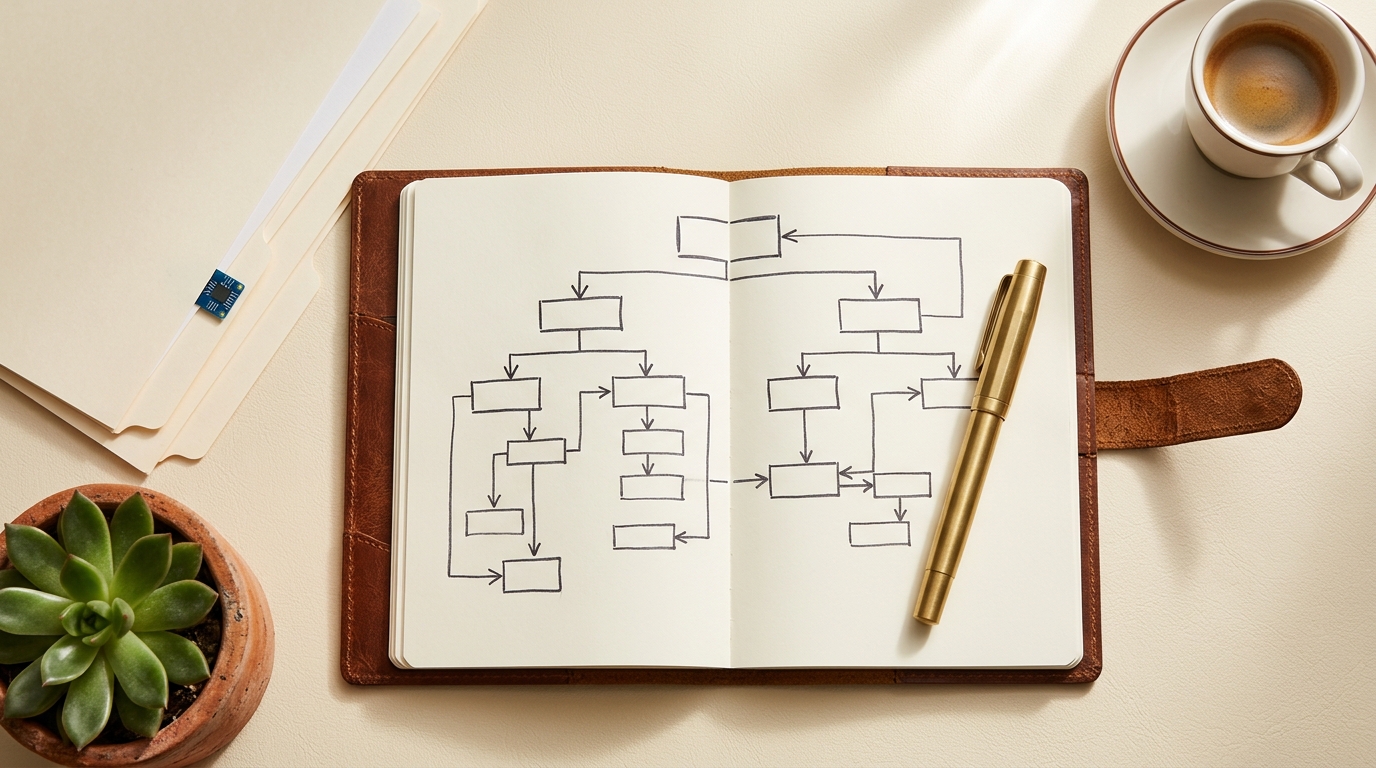 Open notebook with a hand-drawn decision tree beside a folder of service proposals and an espresso — choosing between retainer, project, and hourly AI automation pricing