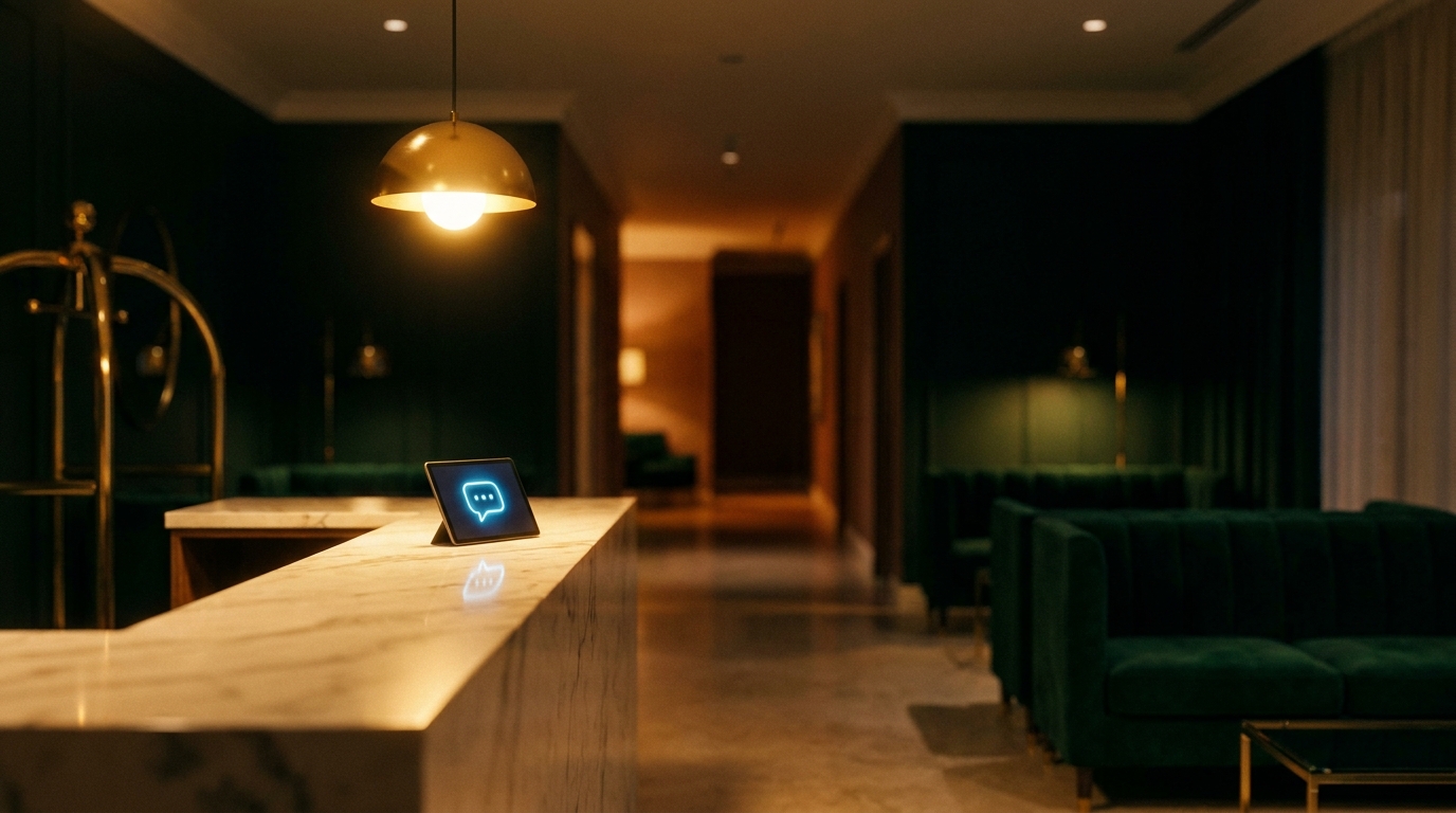 Empty after-hours boutique hotel reception desk with a tablet showing a glowing chat indicator — illustrating 24/7 AI-powered guest service without staff on duty