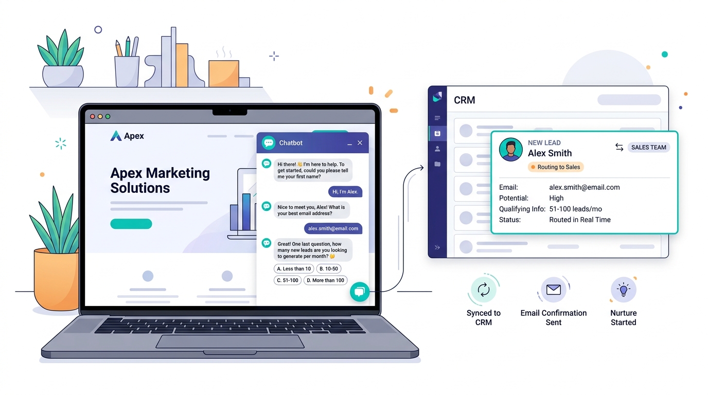 Laptop screen showing an AI chatbot widget capturing a visitor name, email, and qualifying question on a small business homepage, with a CRM panel beside it routing the lead