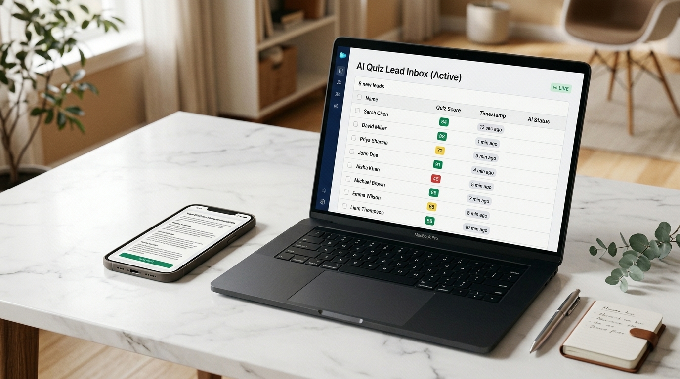 Service business owner reviewing an AI quiz lead magnet on a laptop with the quiz funnel visualized on screen and a CRM lead list filling in real time