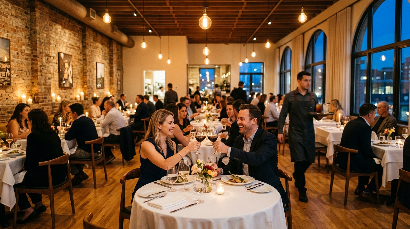 Upscale restaurant dining room at peak evening service with a couple in the foreground raising wine glasses in cheers, several other tables of guests in soft focus, Edison bulb pendants and exposed brick wall