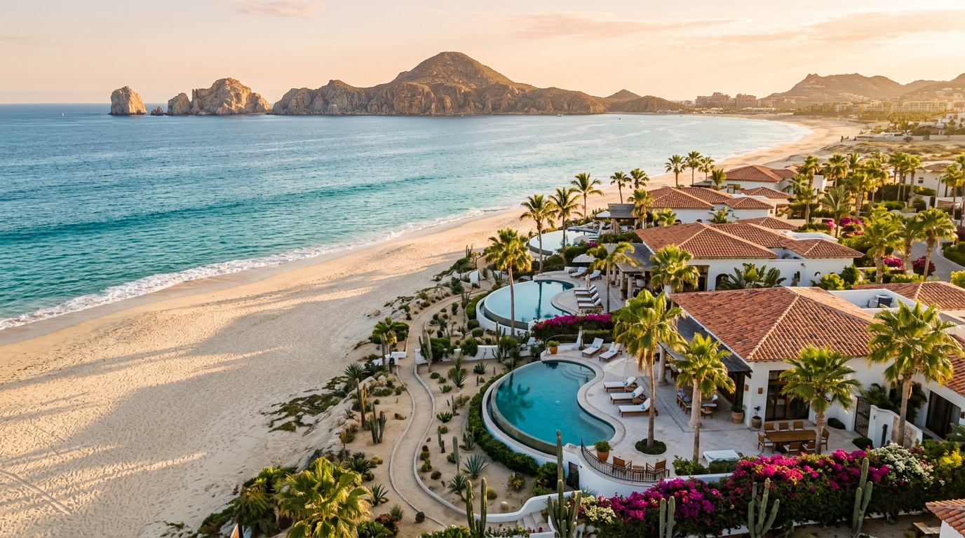 Aerial drone view of luxury beachfront vacation rental villas with terracotta tile roofs and private pools along the Los Cabos coastline at golden hour, Land's End rock formation visible in the distance