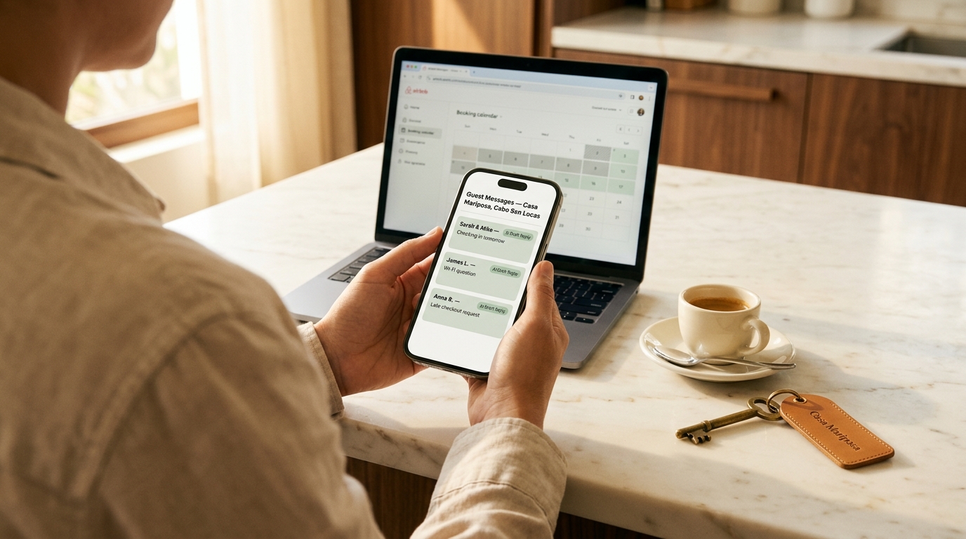 Vacation rental owner reviewing guest messages for Casa Mariposa on a smartphone, with an Airbnb-style booking calendar visible on a laptop nearby, espresso cup and a leather-tagged key on a marble counter