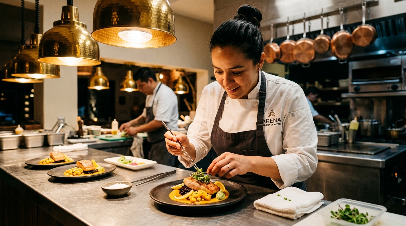 Chef profesional emplatando un plato de pescado con guarniciones en una cocina de restaurante de alta gama en Los Cabos, iluminacion calida de lamparas de bronce, ollas de cobre colgando al fondo