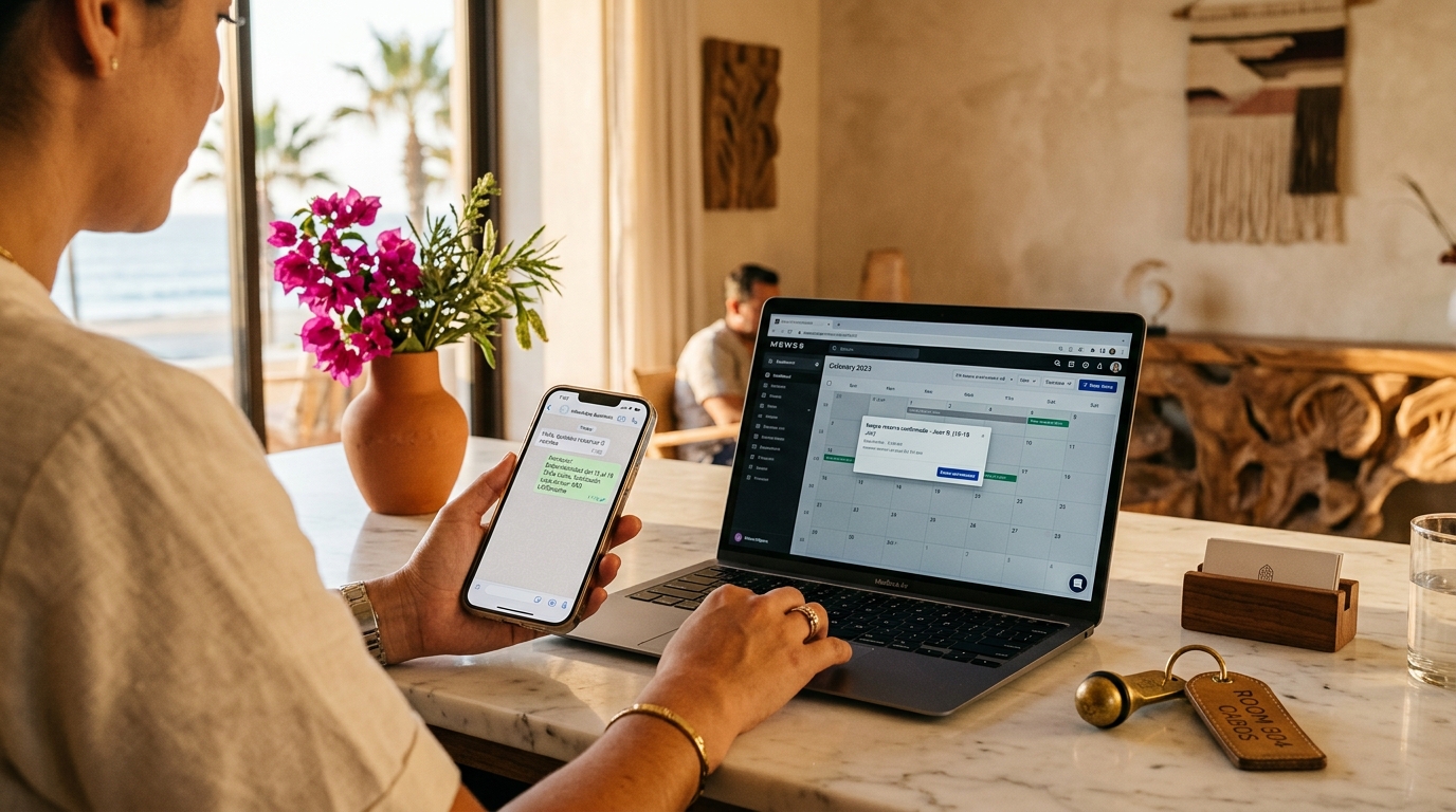 Gerente de hotel boutique en Los Cabos confirmando una reserva por WhatsApp Business mientras la reserva se sincroniza automaticamente en el PMS en la laptop, con vista al mar y bugambilias en la recepcion