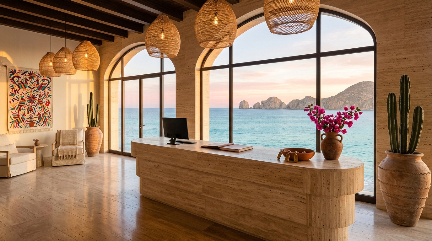 Recepcion de hotel boutique en Los Cabos con vista al mar al atardecer, escritorio escultural de travertino, vista a Land's End a traves de ventanales arqueados, cactus cardon en macetas de barro y tapiz mexicano otomi en la pared