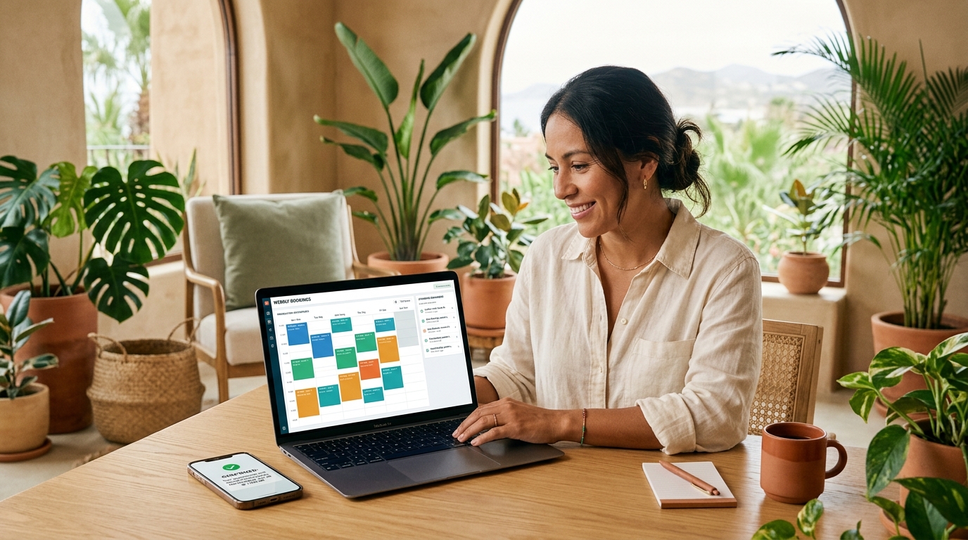 Service business owner in a bright, plant-filled Los Cabos studio reviewing an appointment-booking dashboard on a laptop, with a weekly calendar grid and reminder notifications visible, a phone showing a confirmed booking beside her