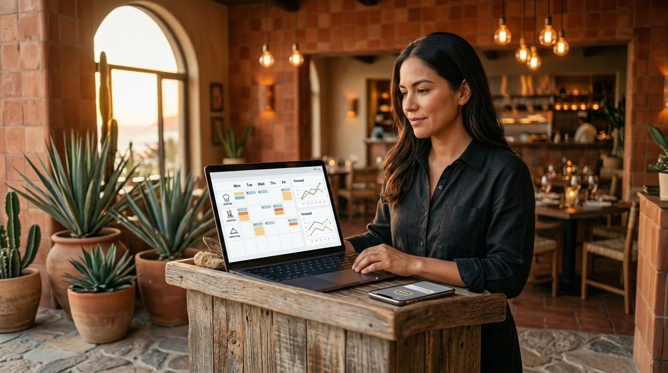 Restaurant owner in a warm terracotta-walled Los Cabos dining room reviewing an AI staff-scheduling dashboard with a weekly grid and sales-forecast chart on a laptop, a phone showing a messaging notification beside her