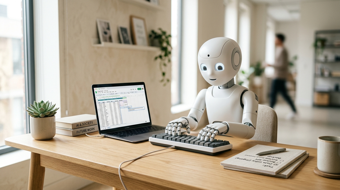 Small white desktop humanoid robot typing on a keyboard at a wooden desk, a laptop showing an auto-populating spreadsheet beside it, a small potted plant and a stack of books titled AI and Society and Future Work in a bright minimalist office