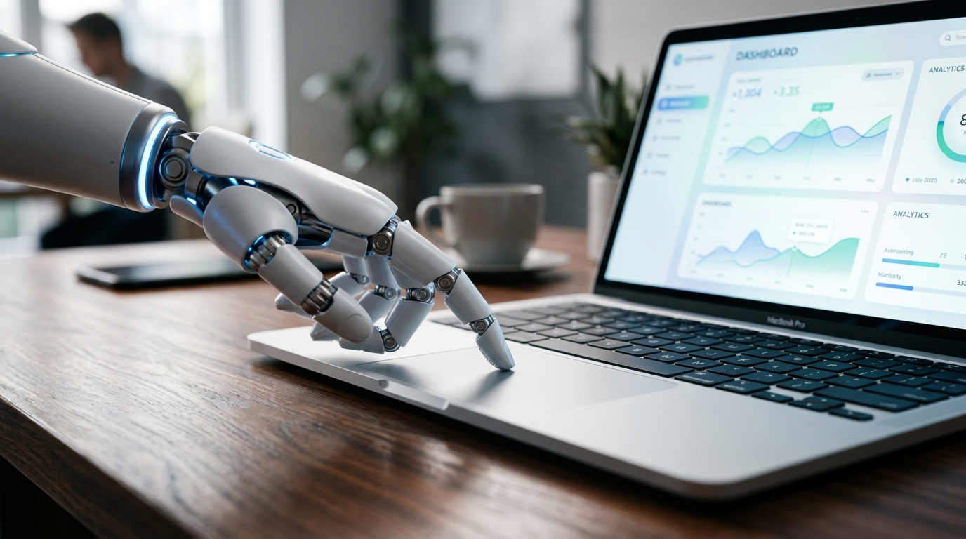 Close-up of a sleek articulated white humanoid robot hand with cool blue LED accents at the wrist reaching down to touch the trackpad of a laptop showing an analytics dashboard, on a polished walnut desk