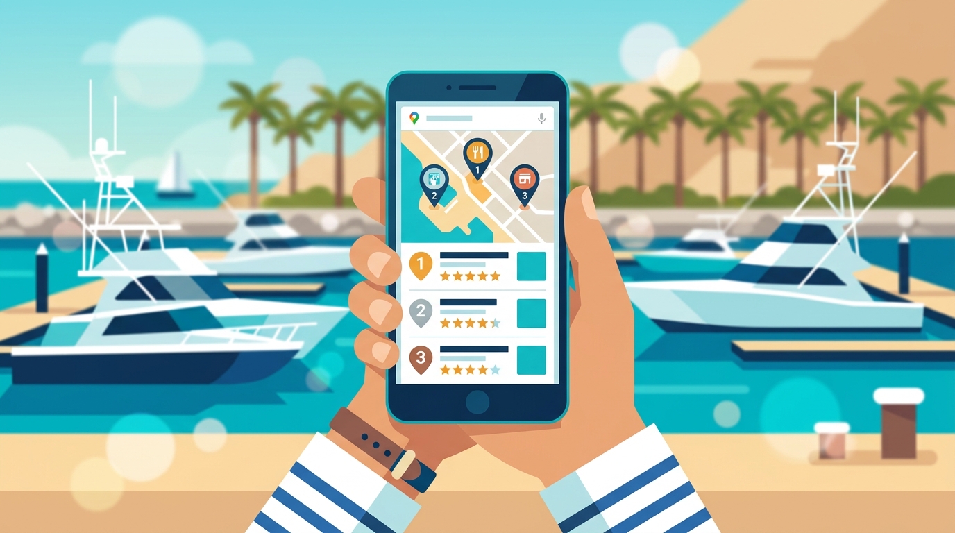 Phone showing a Google Maps search for restaurants in Cabo San Lucas with the top 3 Map Pack results highlighted next to a marina backdrop