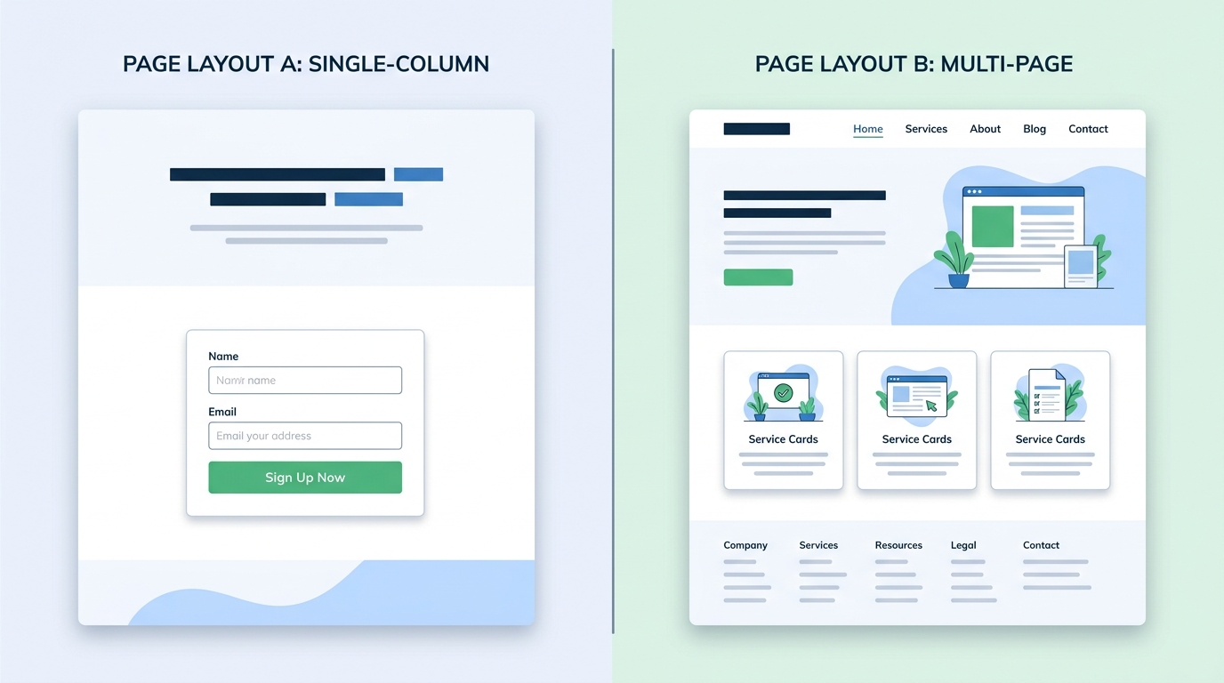 Side by side comparison of a landing page with one form and a small business website with navigation menu, services, and footer