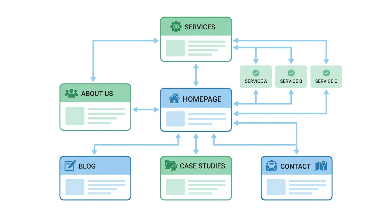 Diagram showing a small business website structure with homepage, services pages, about, blog, and contact, with arrows showing internal links between them