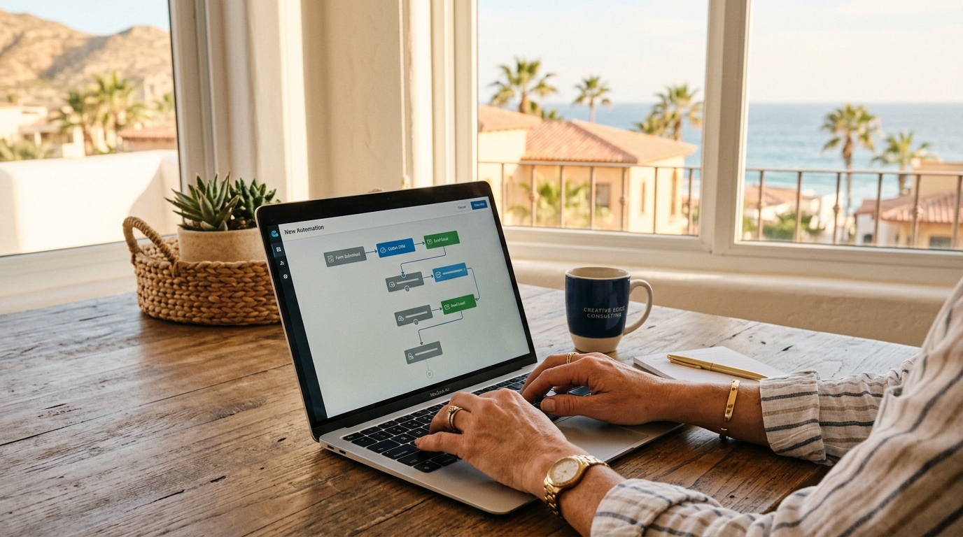 Small business owner working on a laptop showing a visual workflow automation builder, with a coastal Los Cabos view through the window behind them