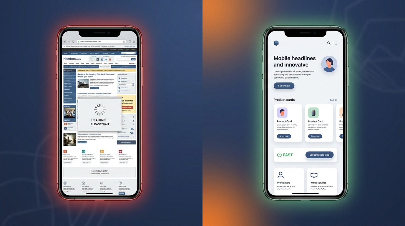 Side-by-side smartphone comparison showing a slow desktop-first website with a 9-second loading indicator next to a fast mobile-first website with clean cards and tap-friendly buttons