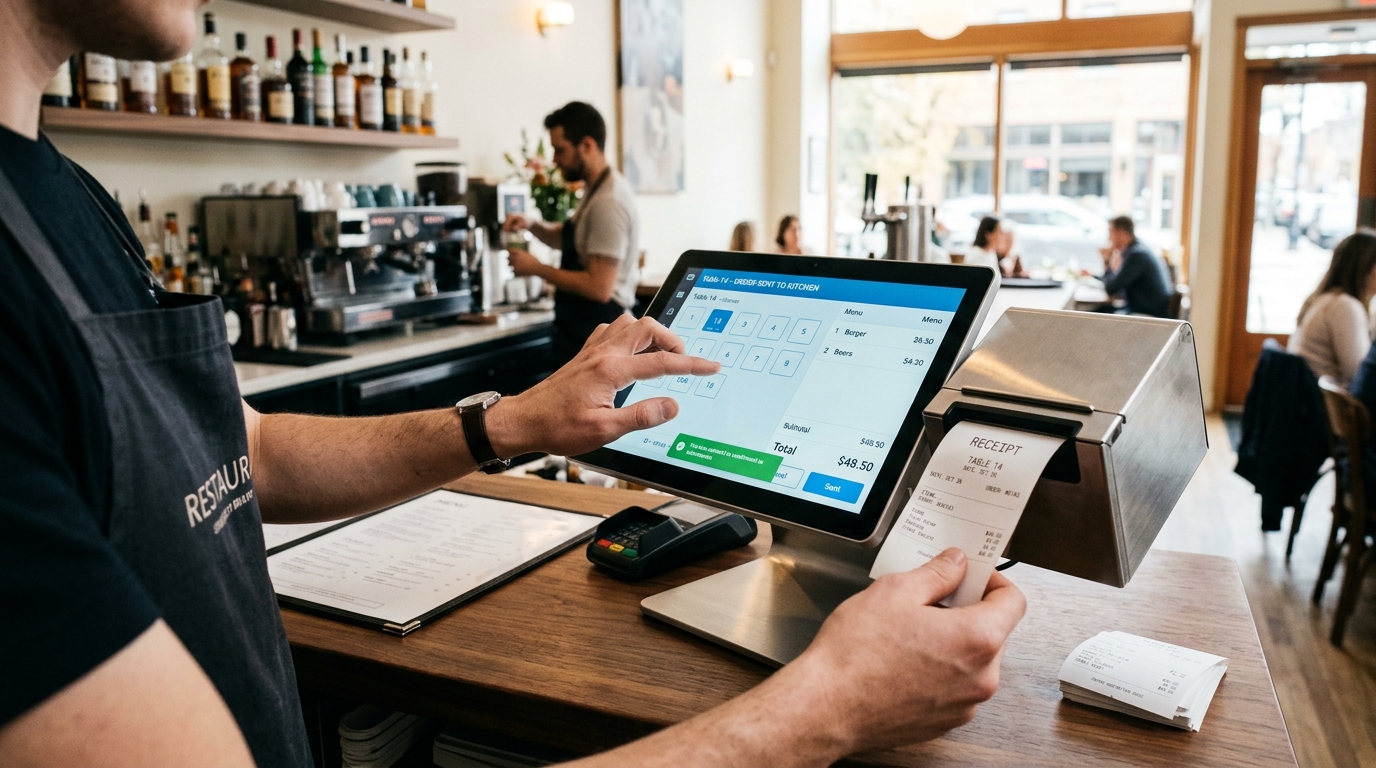 Restaurant staff member's hands operating a touchscreen POS terminal displaying an Order Sent to Kitchen confirmation for Table 14, holding a freshly printed receipt from the thermal printer, with the restaurant bar and espresso machine softly out of focus behind