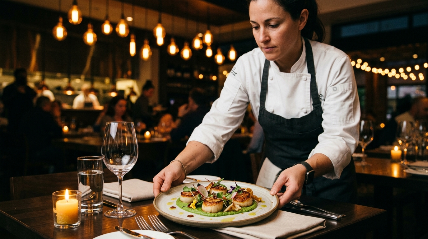 A chef in a white chef coat carefully placing a plated dish of seared scallops over emerald herb puree at a candlelit restaurant table, a crystal wine glass and folded linen napkin in the foreground, warm Edison-bulb pendants glowing in the softly blurred dining room behind