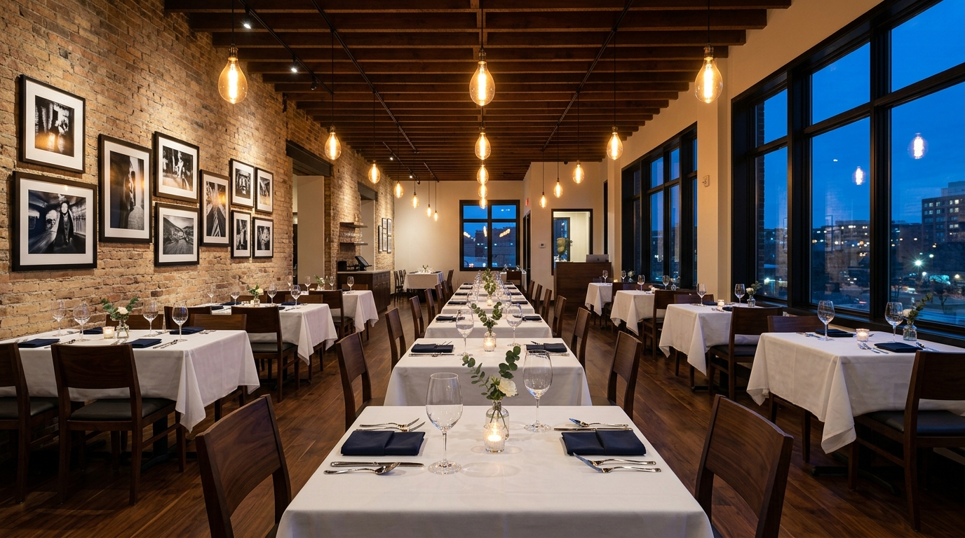 Empty upscale modern restaurant interior just before evening service, long rows of tables set with crisp white linen and crystal wine glasses, exposed brick wall with framed black-and-white photo gallery, Edison-bulb pendants overhead, deep evening blue sky through tall windows