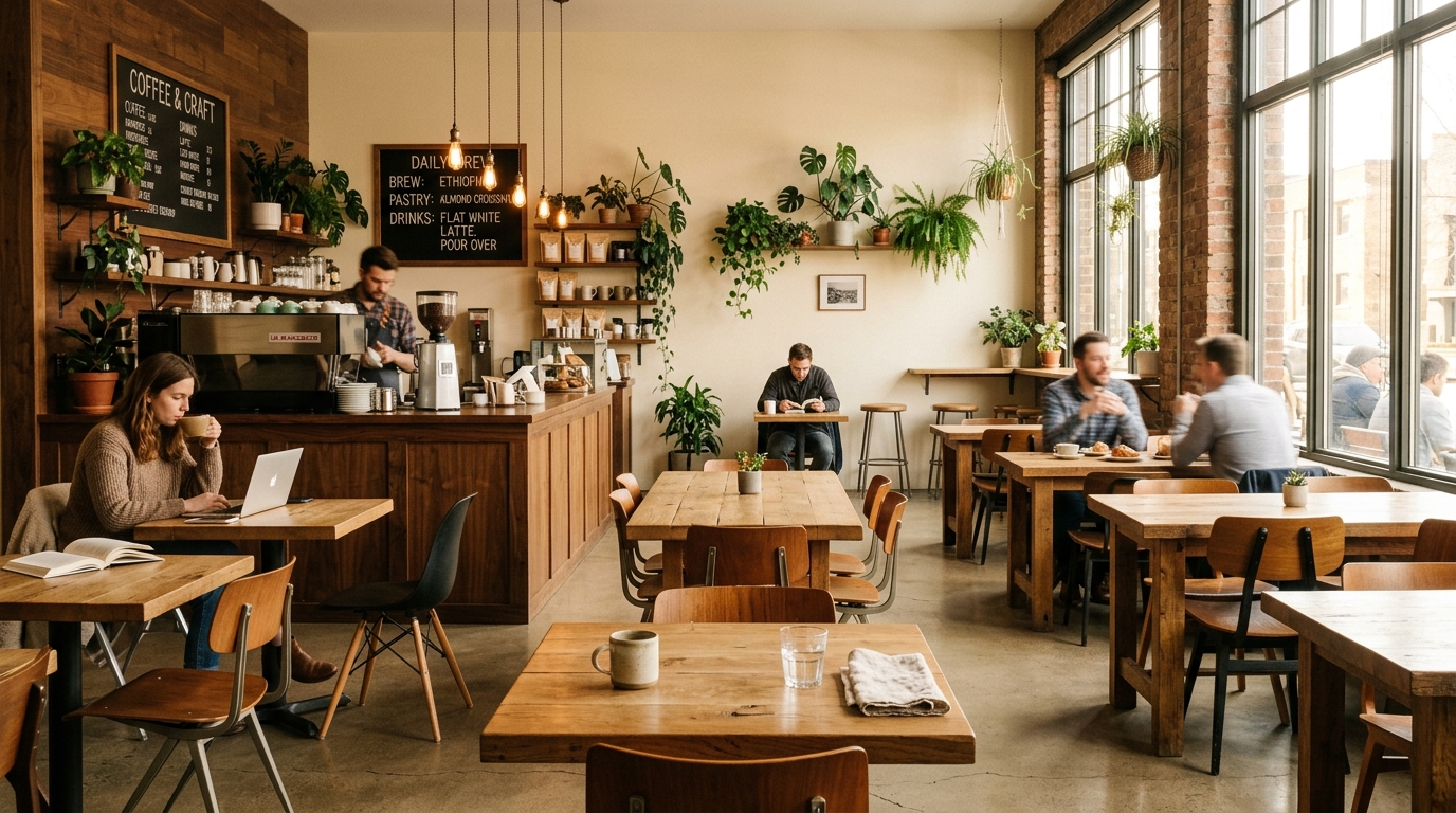 Modern third-wave coffee shop interior with chunky wooden tables on a polished concrete floor, customers working on laptops and chatting over pastries, a walnut bar with chrome espresso machine and chalkboard menu, hanging plants and Edison bulbs, golden morning light through tall windows