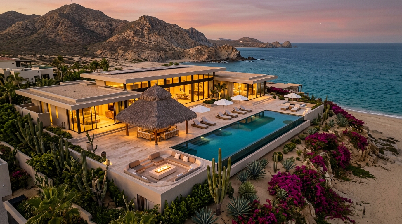 Oblique-angle aerial view of an ultra-luxury beachfront vacation rental estate in Los Cabos at sunset, featuring a long infinity pool merging into the Sea of Cortez, a central thatched palapa, fire pit lounge, floor-to-ceiling glass walls glowing from within, and lush bougainvillea-and-cacti landscaping with the Baja desert mountains rising behind