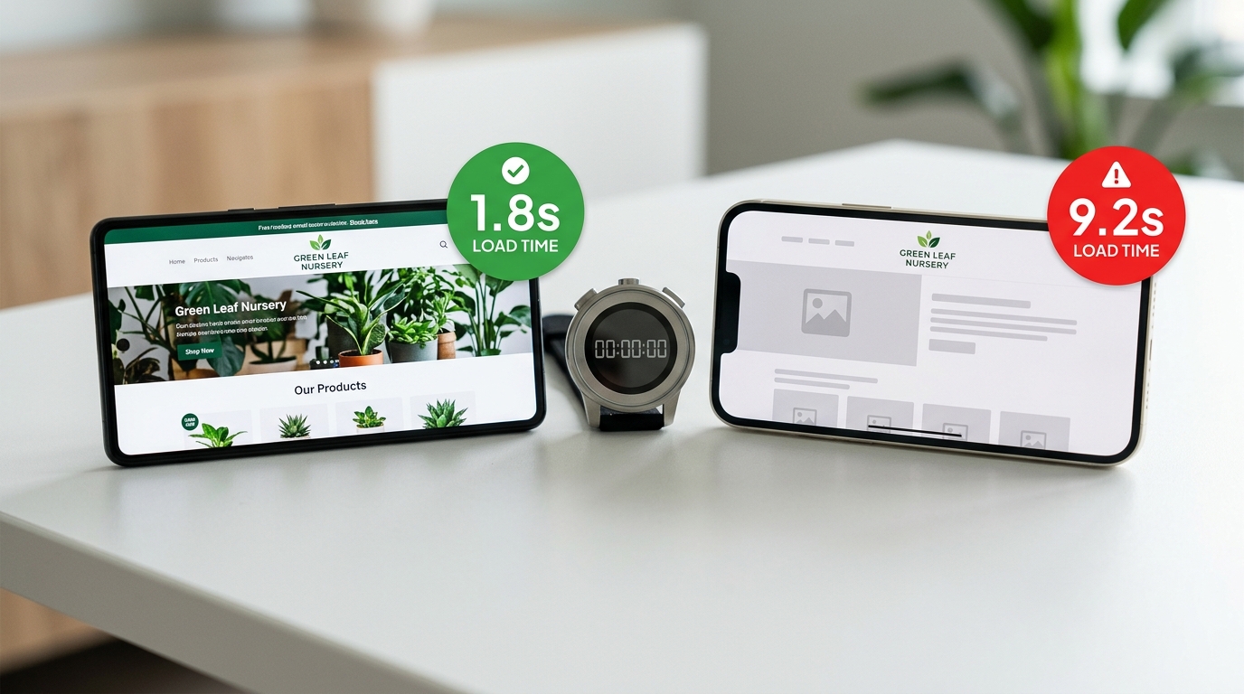 Smartphone in foreground showing a fast 1.8-second loading website next to a slow 9-second loading website on another phone, with a stopwatch overlay