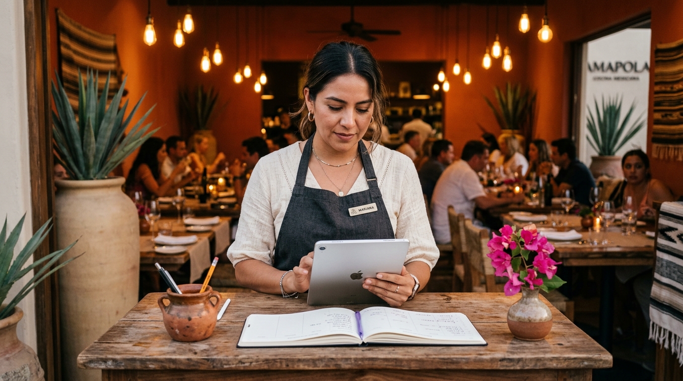 Restaurant host at a weathered wood counter at the entrance of an upscale Mexican restaurant in Los Cabos, replying to a WhatsApp Business reservation message on a tablet, dining room with Edison bulb pendants, agave plants in clay pots and terracotta walls in soft focus behind her